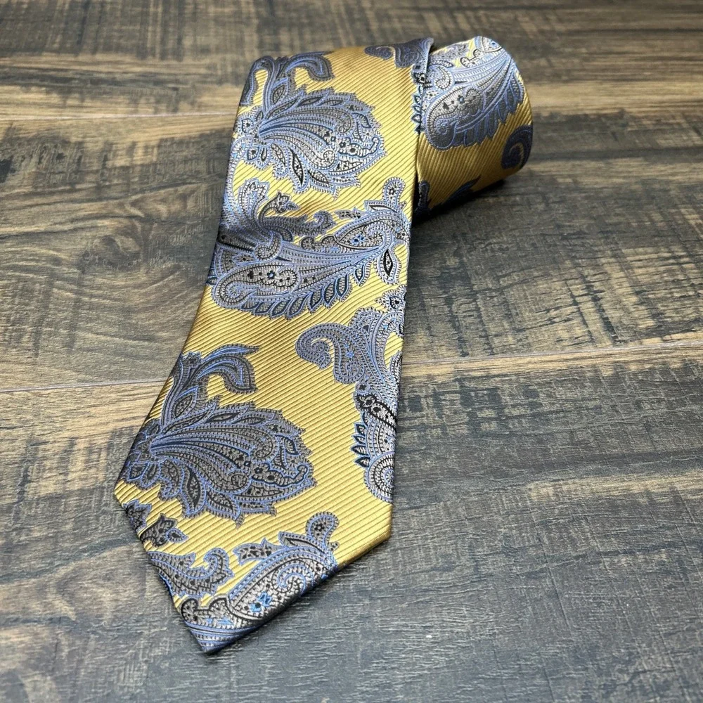 JOS. A. BANK Signature Gold Silk Necktie PAISLEY FLORAL Yellow/Blue NWT